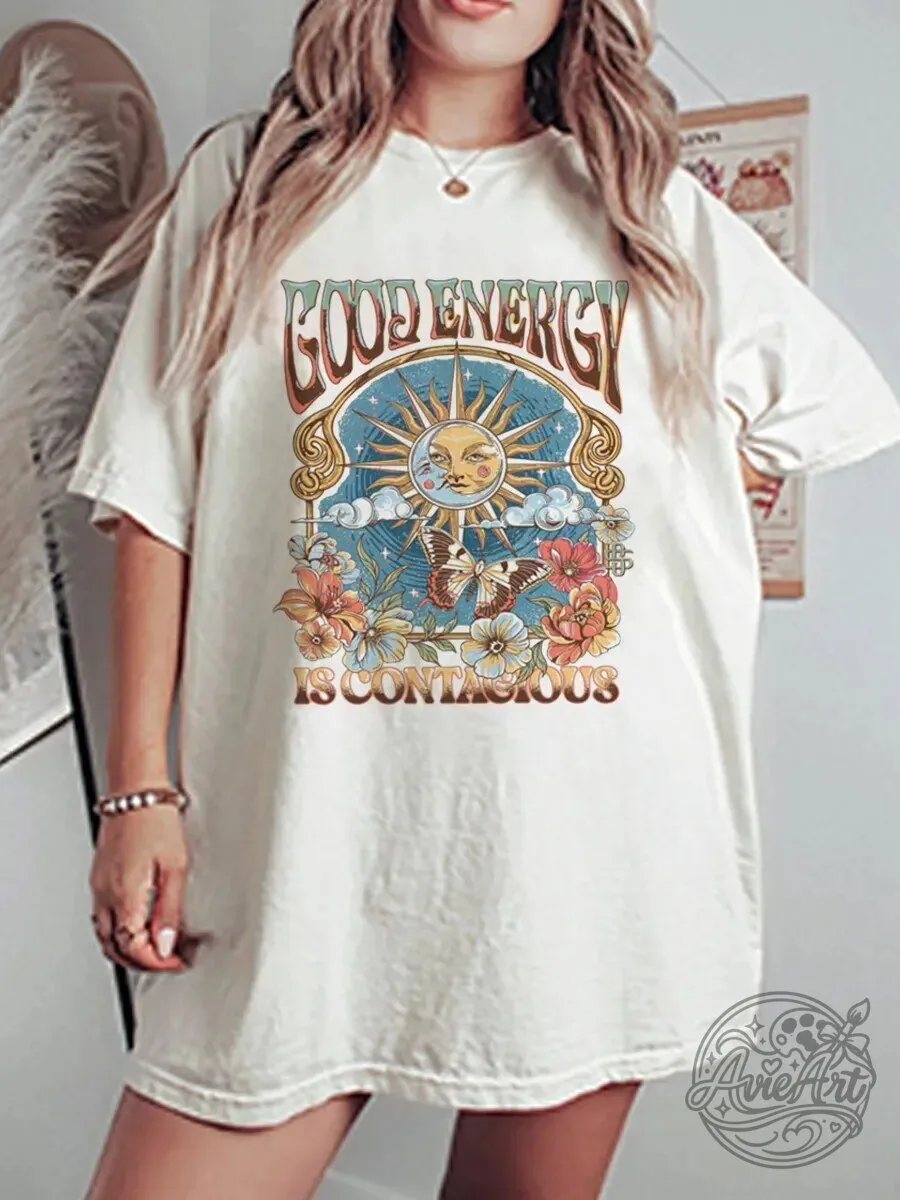 Good Energy Is Contagious Vintage Sun Butterfly Floral Graphic T-Shirt