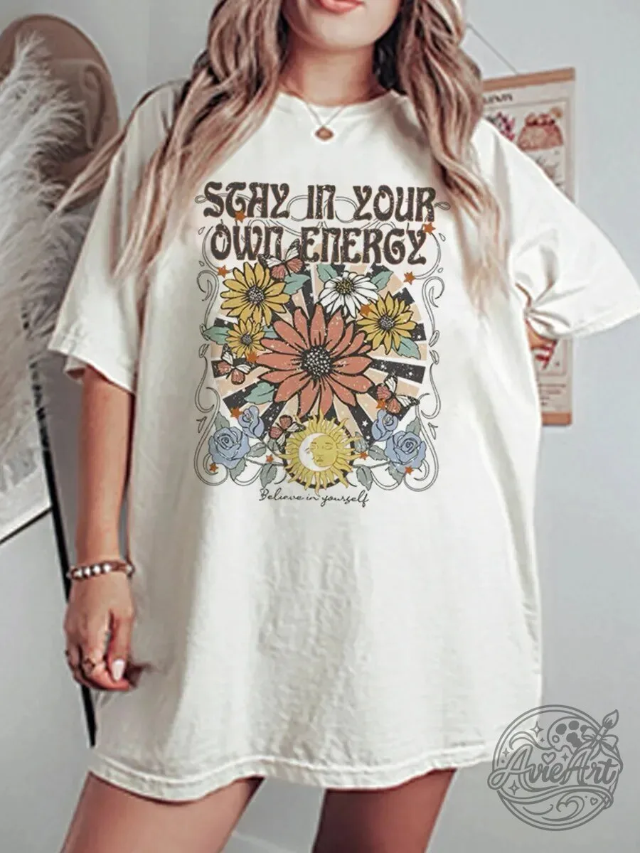 Stay In Your Own Energy Vintage Floral Sun Graphic T-Shirt