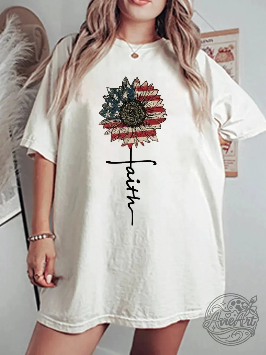 American Flag Sunflower Faith Graphic Oversized T-Shirt for Women